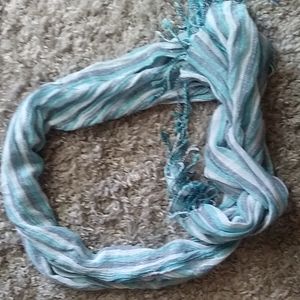 OLD NAVY SCARF STRIPS OF BLUES AND WHITE SMALL FRINGING ON THE ENDS
